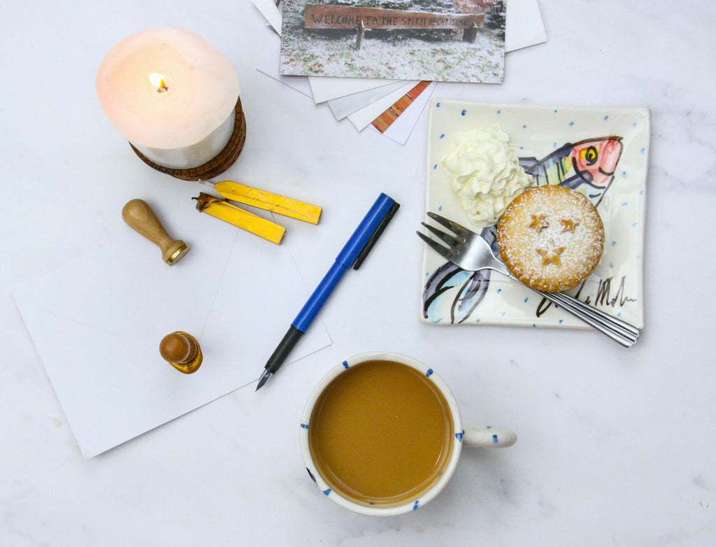 Gift Set of ceramic Mug and small side plate with Mackerel Fish Design, handmade and hand painted in County Cork, Ireland