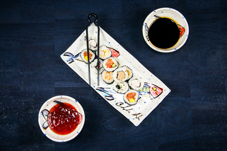 Small Rectangular ceramic serving plate that acts as a Sushi Platter, with two ramekin dipping bowls all handmade and hand painted with periodic blue dots on luxurious white glaze.