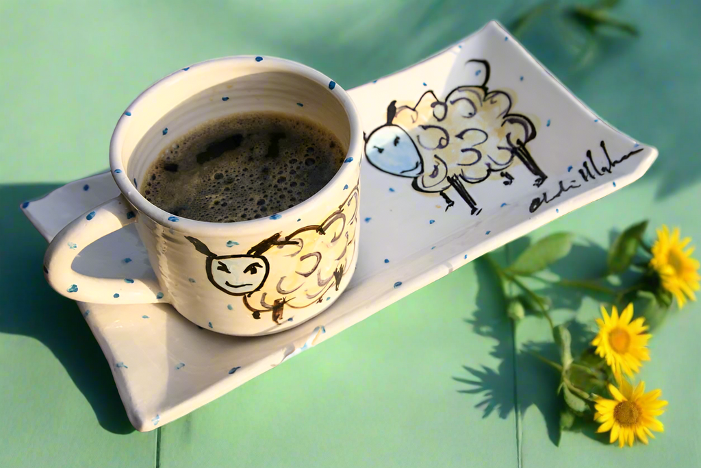Cool funky handmade ceramic breakfast set with Witty Sheep Design - includes ceramic mug and plate
