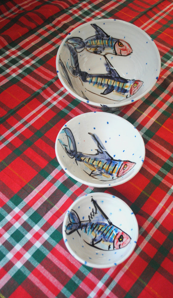 Three Bowls for making and serving soups. A medium bowl for serving, a small bowl for eating and a ramekin dipping bowl for salt and pepper. All are handmade and hand painted with   beautiful flowing Mackerel Fish. 