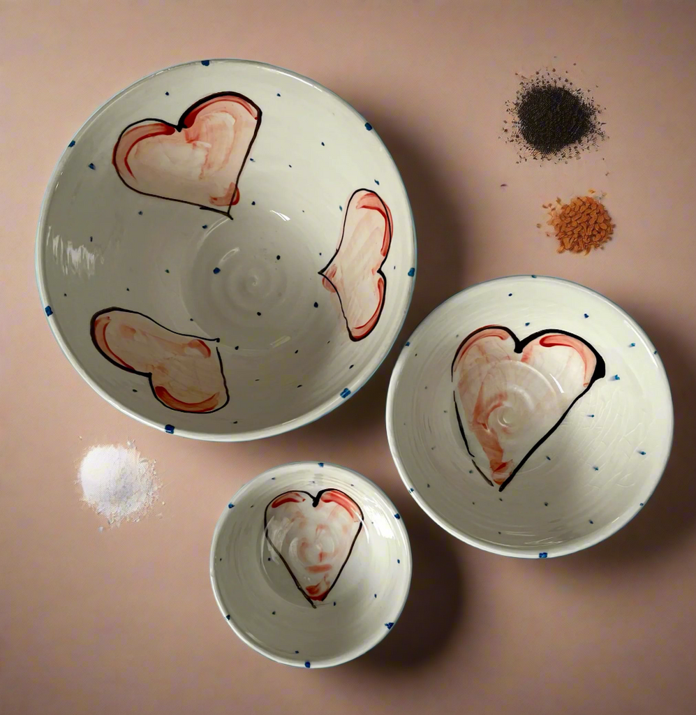 Three Bowls for Baking - A handy medium sized bowl for baking with flour and butter, a small bowl for fruit and a dipping bowl for spices, all handmade and hand painted with pink hearts