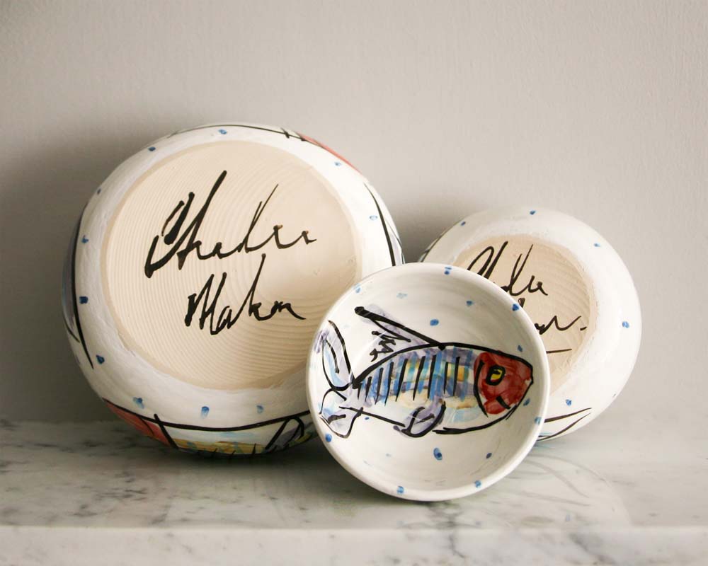Hand-painted mackerel on white ceramic pottery signed by artist Charlie Mahon. Handmade in Ireland.