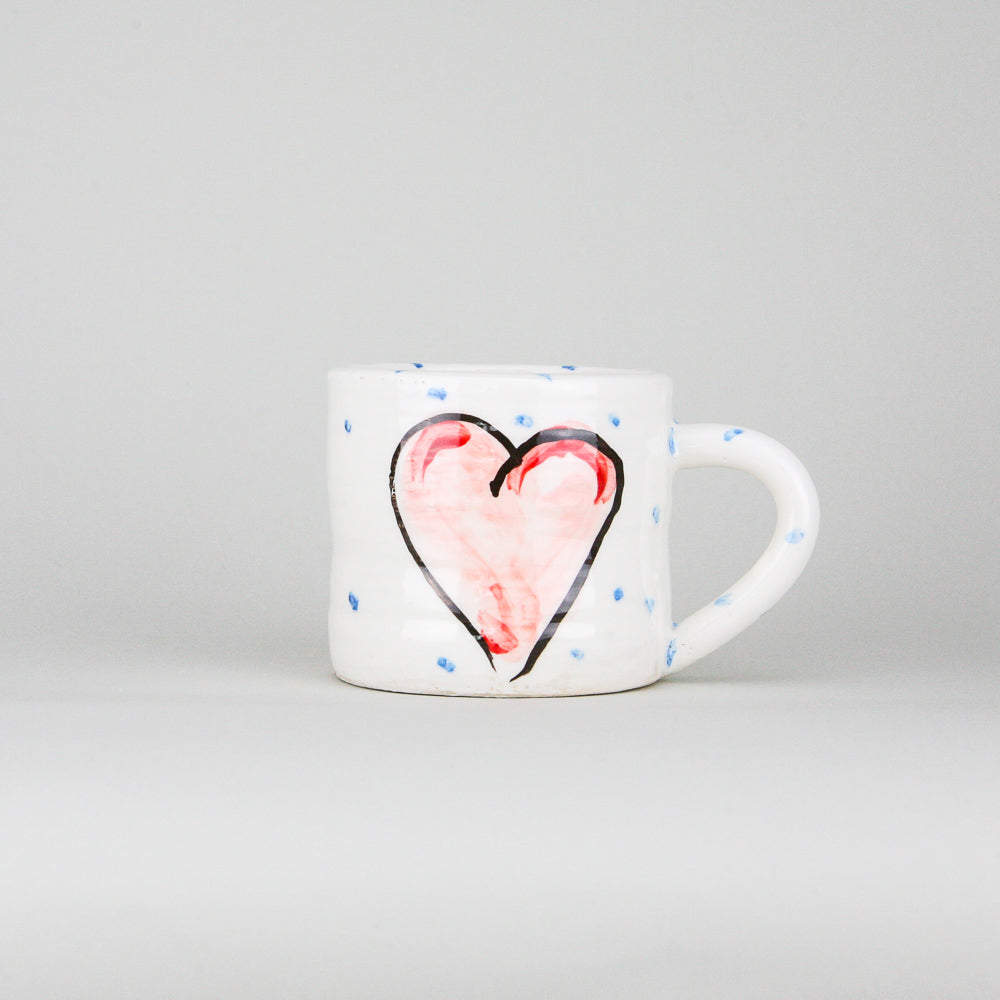 Large Irish Mug with pink heart and blue polka dot pattern on luxurious white  glaze. Perfect for coffee and tea lovers