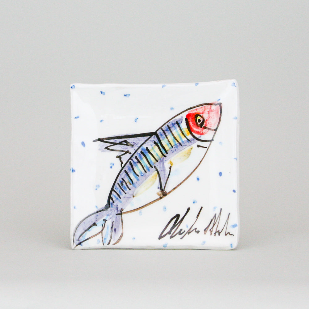 Square white ceramic pottery bowl with blue hand-painted dots and mackerel fish. Handmade in Ireland.