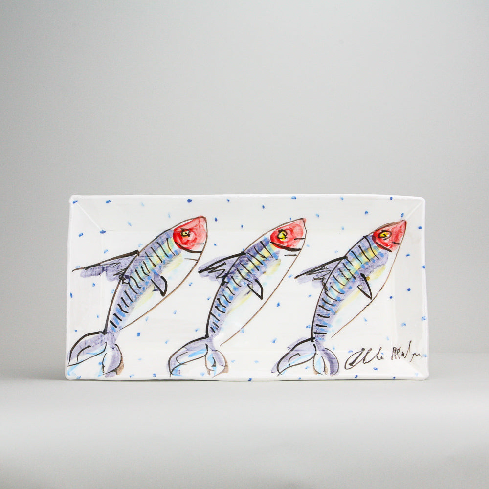 Rectangular platter. White pottery peppered with blue dots and four hand-painted smiling mackerel fish. Signed by the artist. Handmade in Ireland.