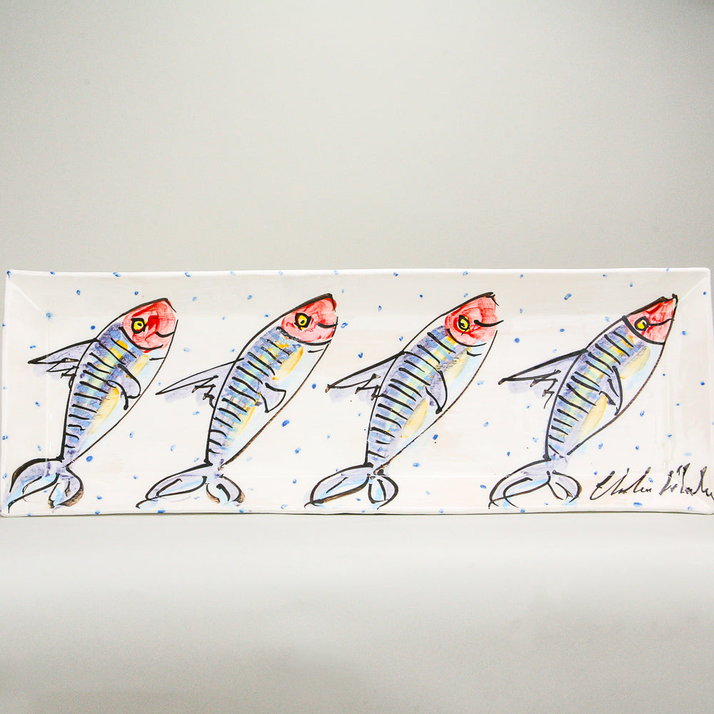 Rectangular platter. White pottery peppered with blue dots and four hand-painted smiling mackerel fish. Signed by the artist. Handmade in Ireland.