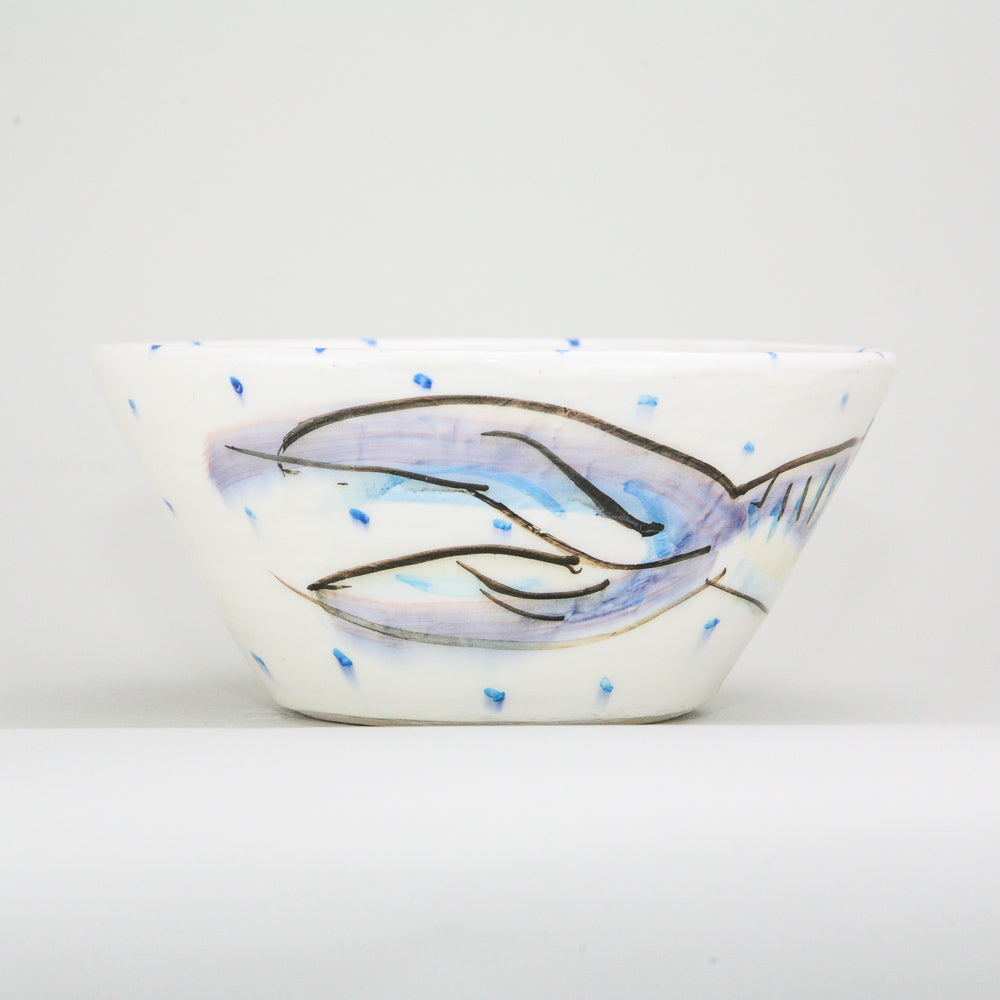 White ceramic pottery bowl with blue hand-painted dots and mackerel fish. Handmade in Ireland.