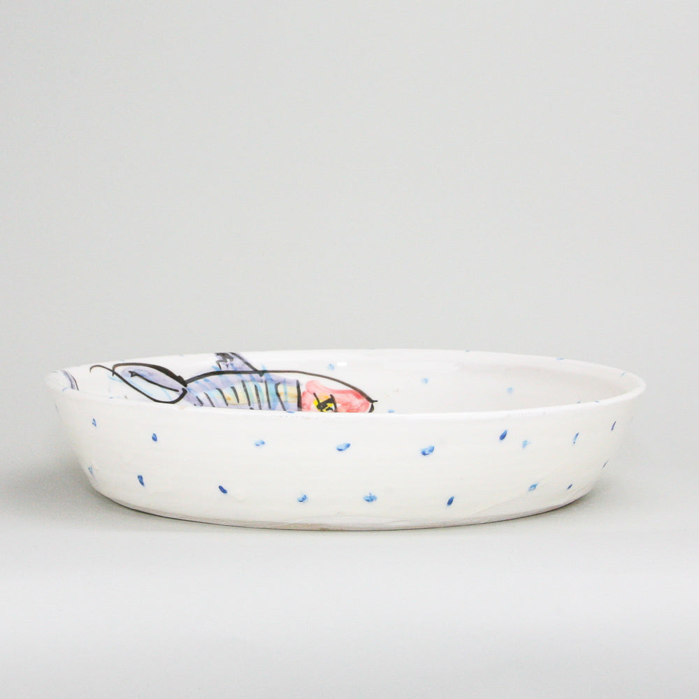 Extra wide Large handmade and hand painted Pottery Bowl with Mackerel Fish Design