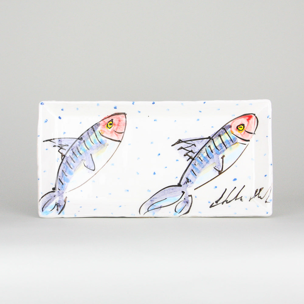 Small rectangular white Irish pottery with a hand-painted mackerel fish. The ceramics pottery is peppered with little blue dots. Handmade in Ireland.