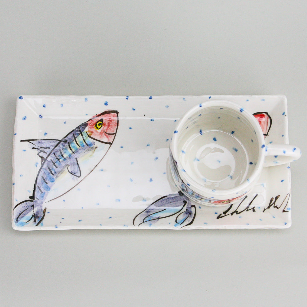 Handmade Mug and plate gift set with Mackerel Fish design hand painted with periodic blue dots on a luxurious white glaze.