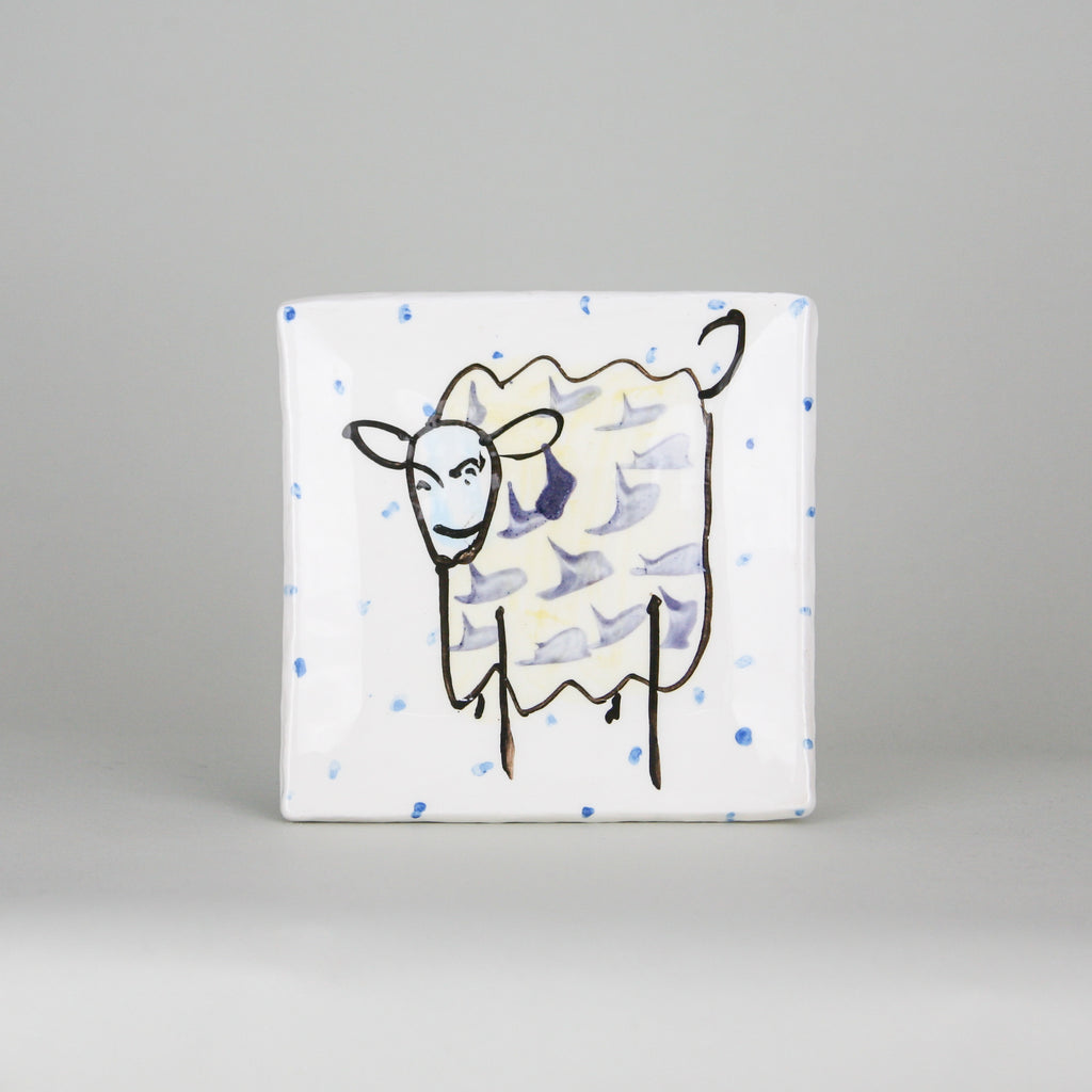Small square white earthenware plate with sheep hand-painted. Handmade in Ireland.